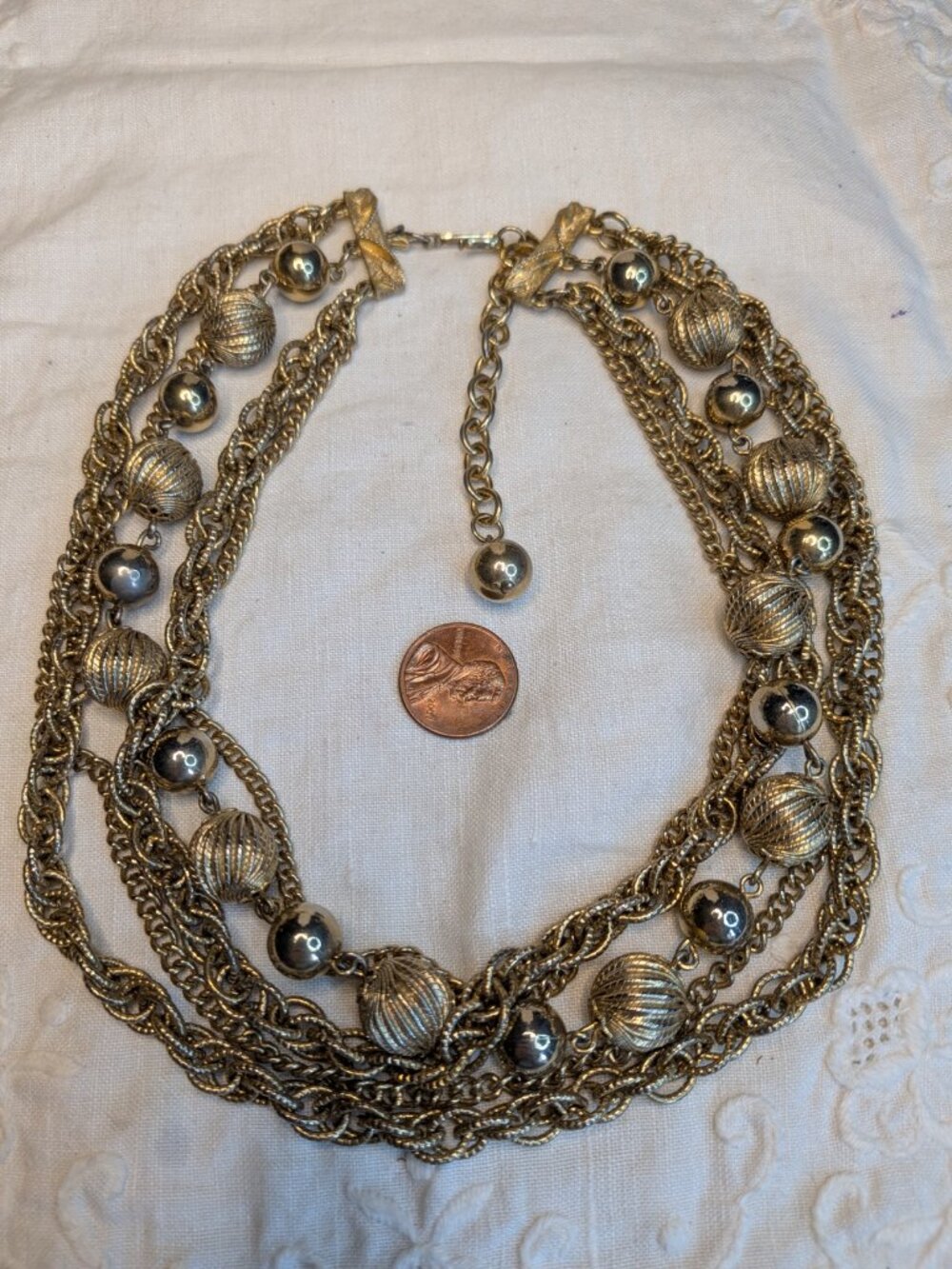 Vintage Coro Five‑Layer Gold‑Tone Necklace – 1950s Textured Beads & Rope Chains